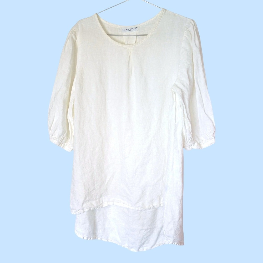 Vintage Bryn Walker White Linen Tunic Top 3/4 Puff Sleeve High Low Lagenlook L